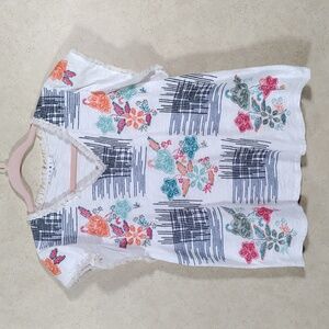 10543 THML white cotton w/floral and grid embroidered cap sleeve blouse M